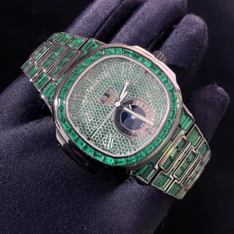 Green Emerald Cut Iced Out Luxury Watch