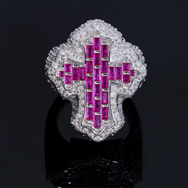 Iced Cross Baguette Ring | Moissanite + Ruby or Sapphire