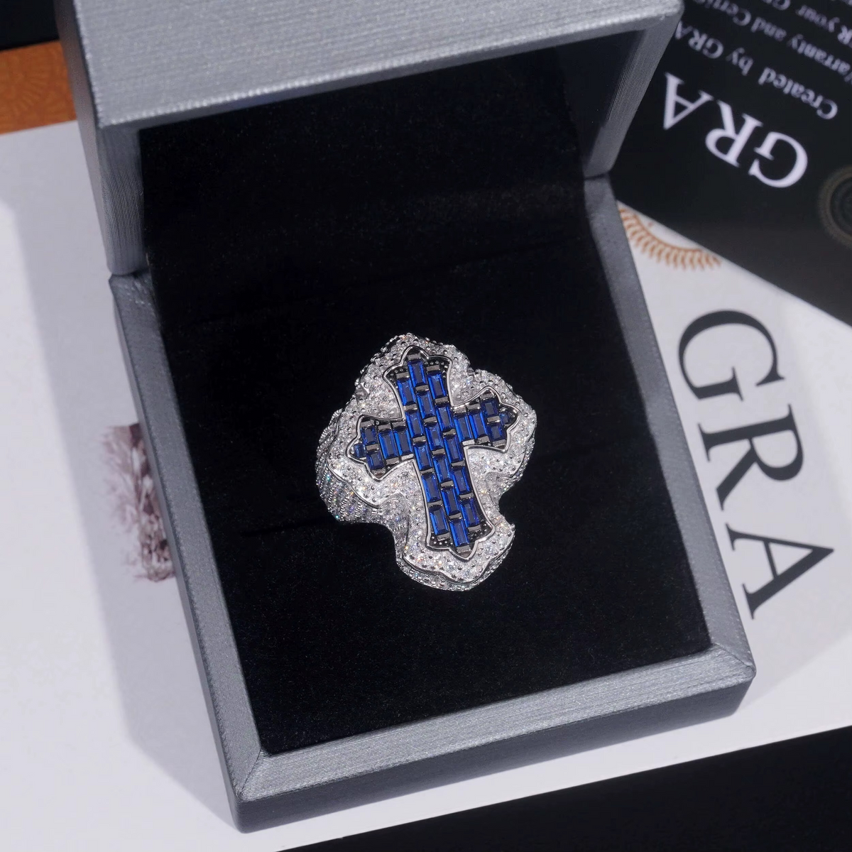 Iced Cross Baguette Ring | Moissanite + Ruby or Sapphire
