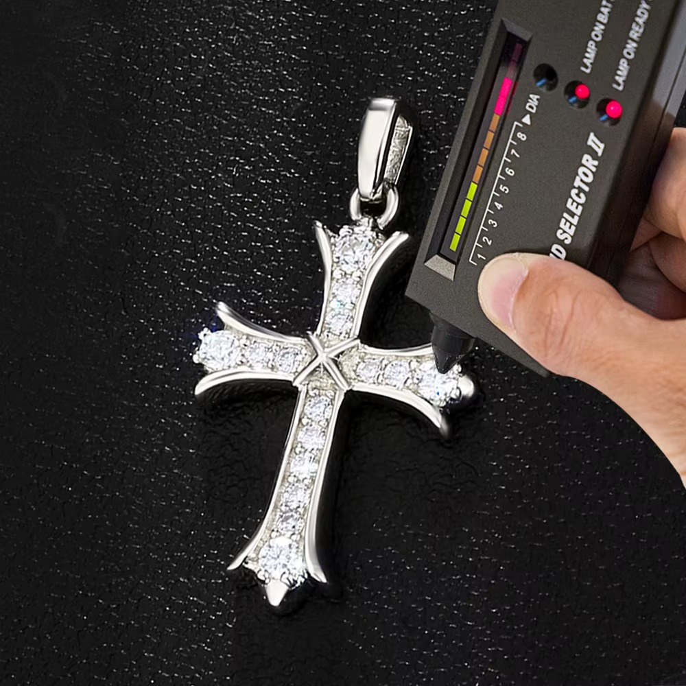 Moissanite Cross 2 Pendant | Sterling Silver, D Color VVS Stones
