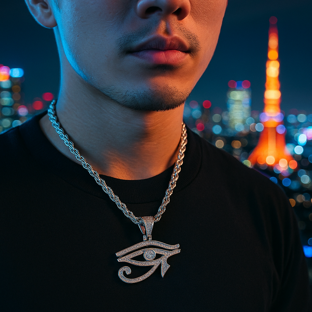 Person wearing a necklace with an eye pendant against a cityscape background