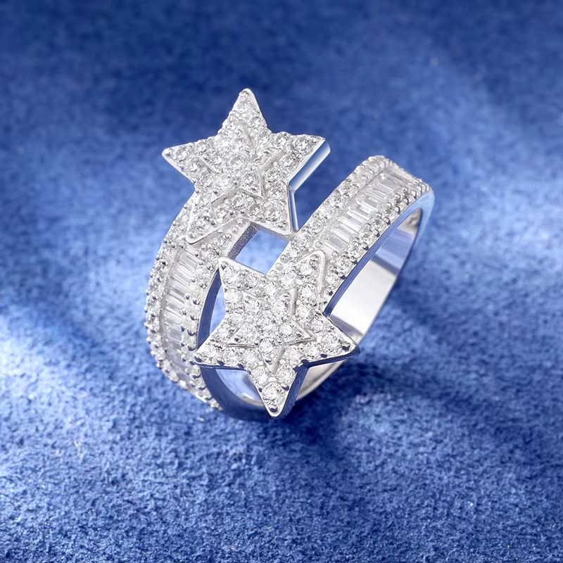 Double Star Moissanite Ring | Sterling Silver Pavé & Baguette Cut