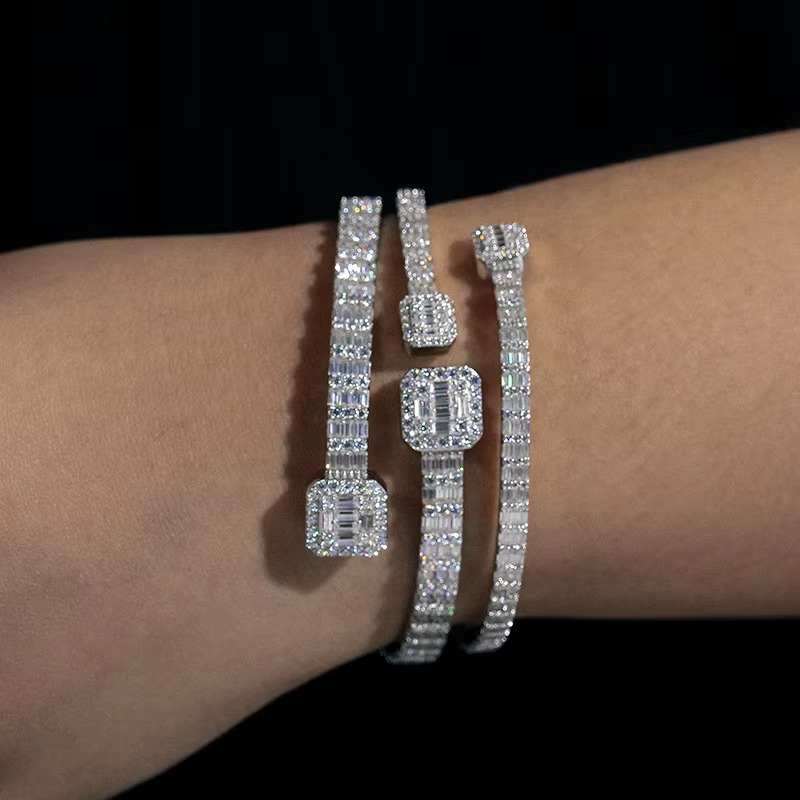Baguette Bangle Bracelet | 925 Silver DiamondSim Open Cuff