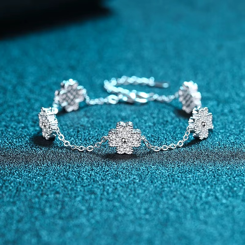 Four-Leaf Clover Moissanite Bracelet | Five-Flower Design | 925 Silver