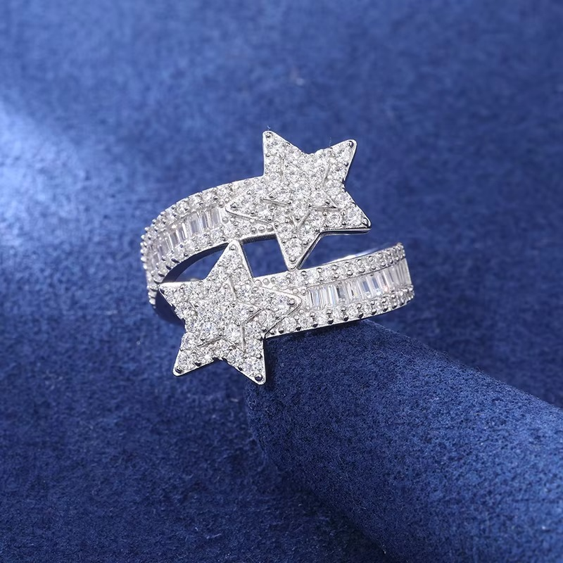 Double Star Moissanite Ring | Sterling Silver Pavé & Baguette Cut