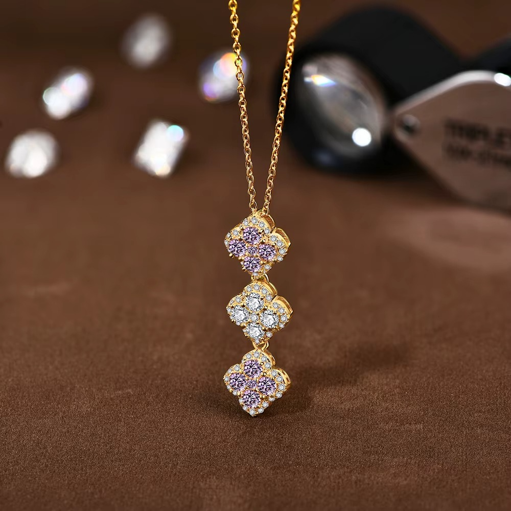 Trinity Bloom Moissanite Pendant | Floral Clover Necklace | 18K Finish

