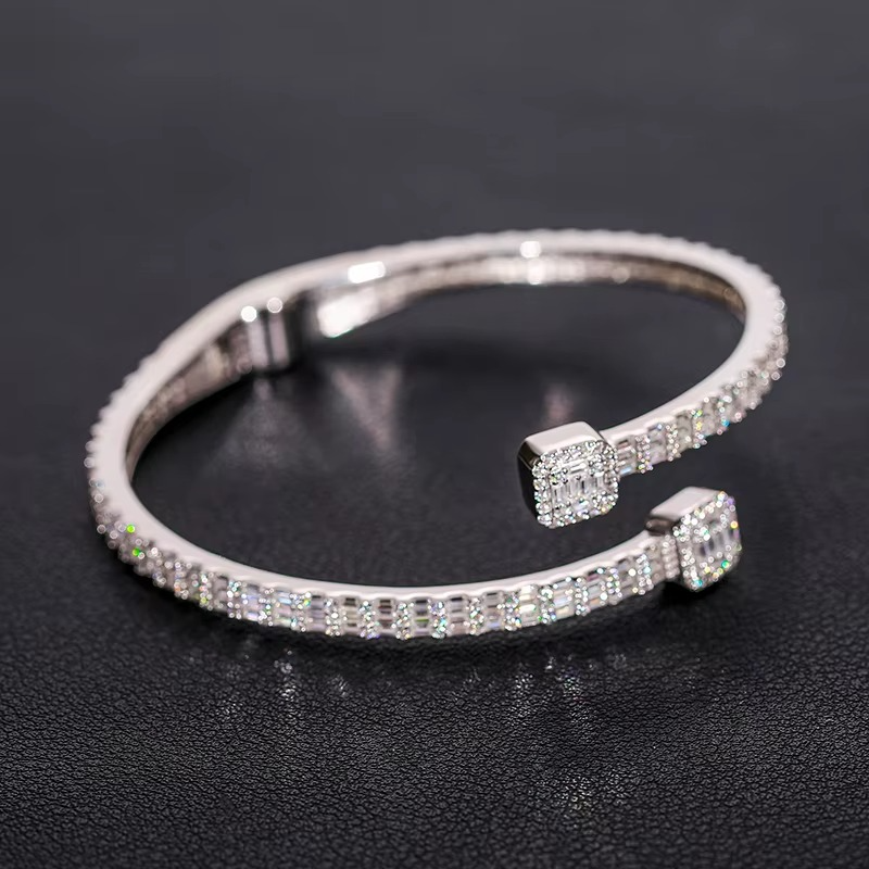 Baguette Bangle Bracelet | 925 Silver DiamondSim Open Cuff