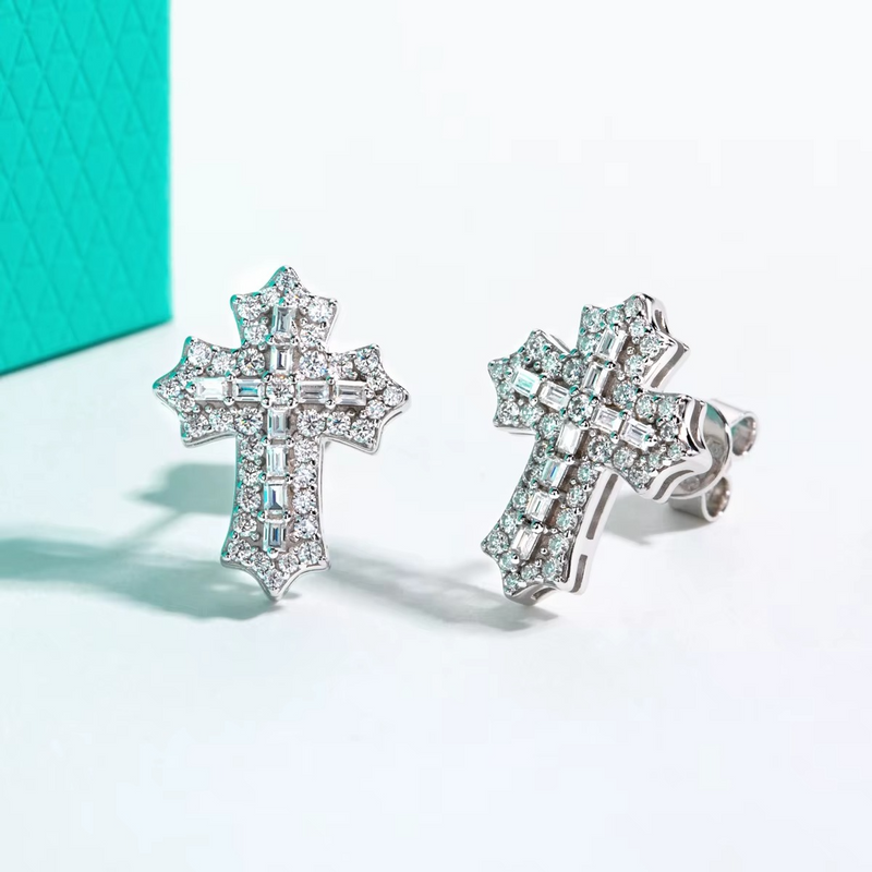 Cross Moissanite Stud Earrings | Sterling Silver, Iced-Out Design