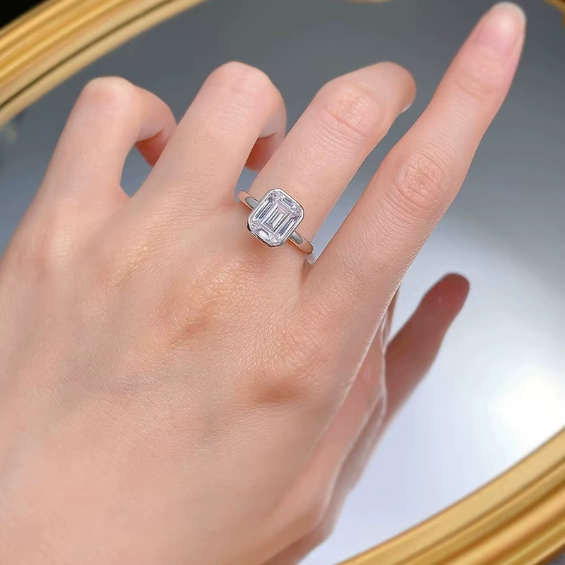 Emerald-Cut Moissanite Ring | Bezel Set | 925 Sterling Silver