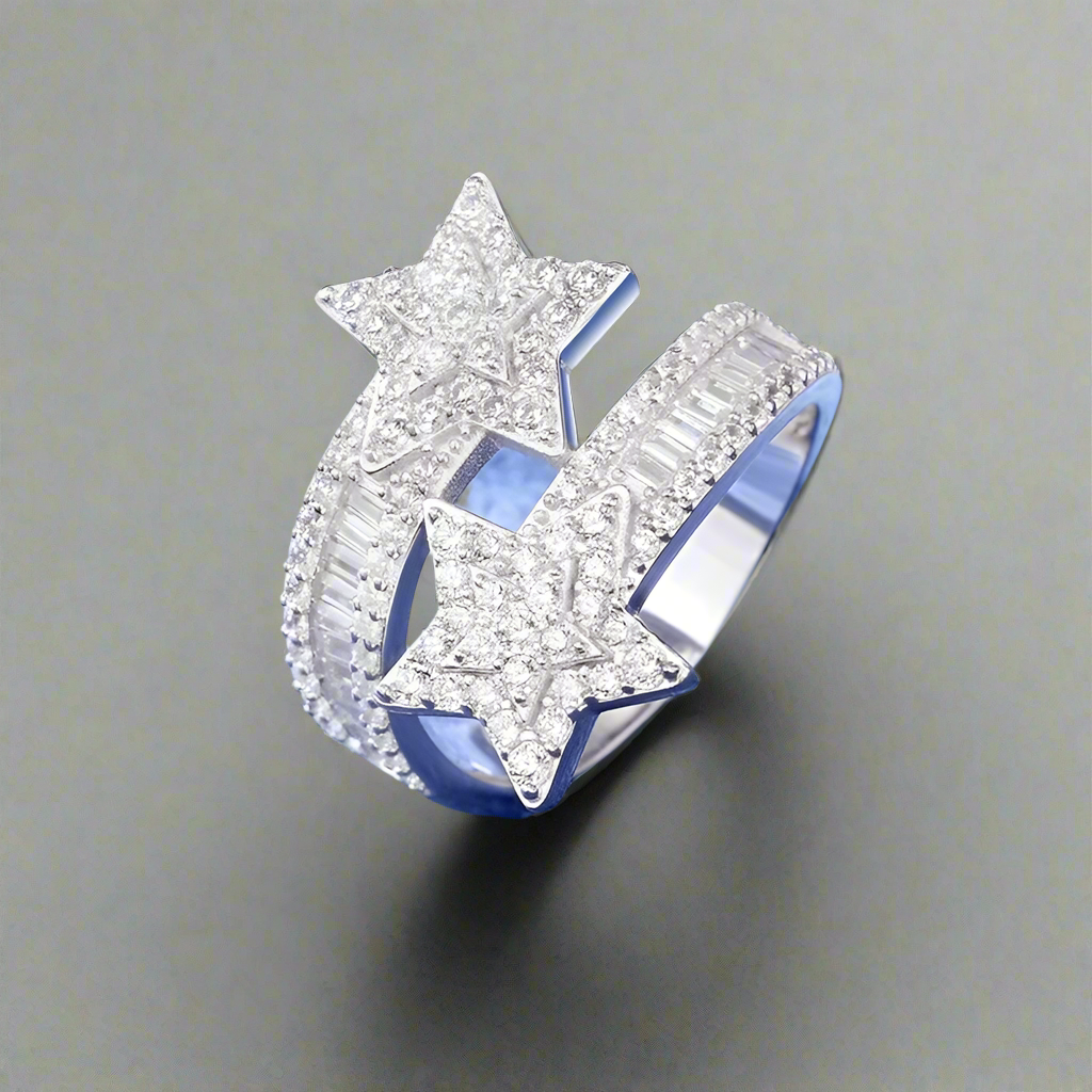 Double Star Moissanite Ring | Sterling Silver Pavé & Baguette Cut