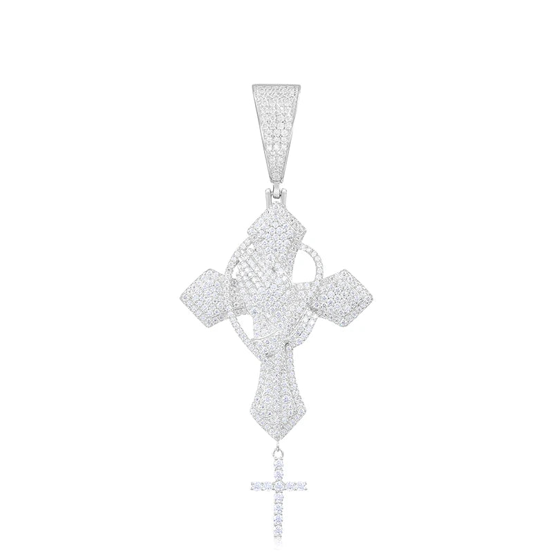 Moissanite Praying Hands Cross Necklace | Iced 925 Silver

