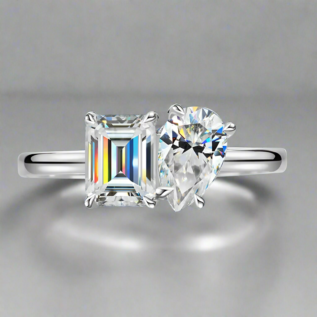 Aurum Duo | Emerald & Pear Cut Moissanite Rings in S925 Silver