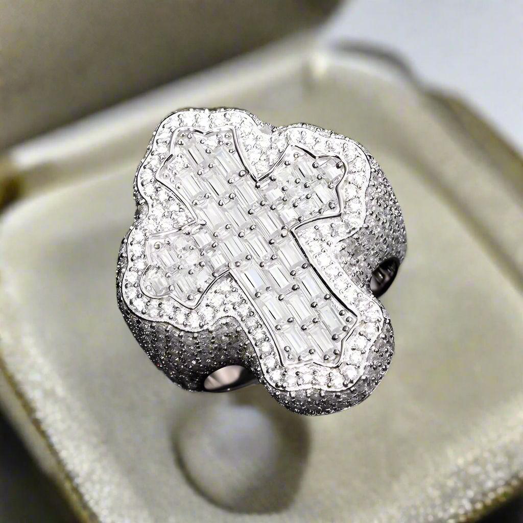 Iced Out Cross Ring | GRA-Certified Moissanite Flooded