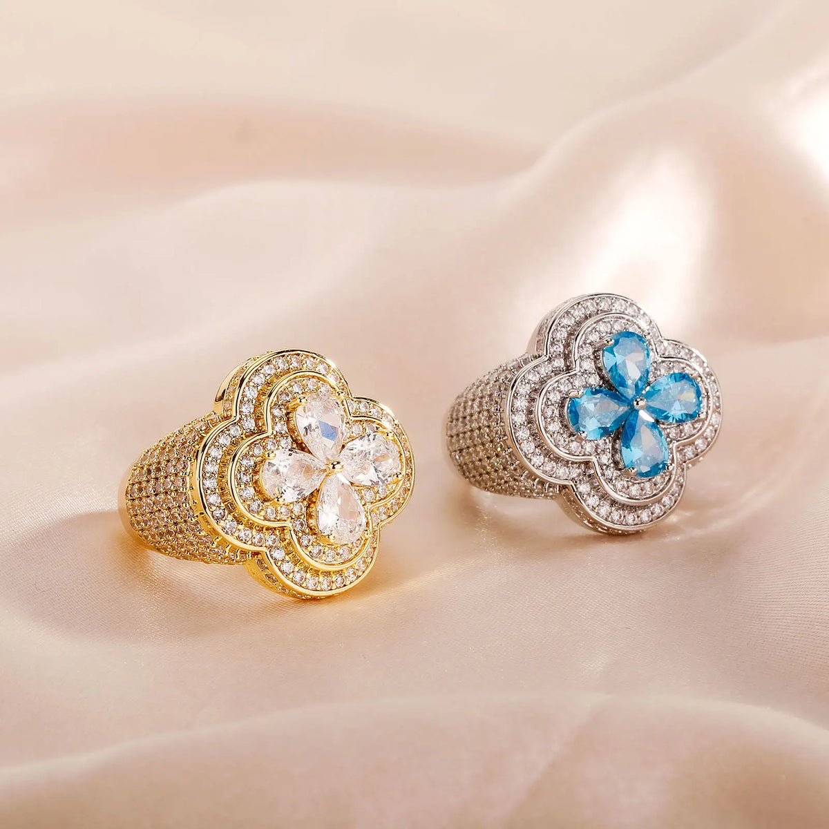 Iced Out Colorful Four Leaf Flower Ring
