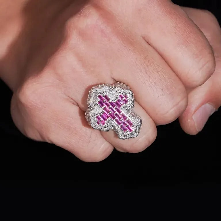 Iced Cross Baguette Ring | Moissanite + Ruby or Sapphire