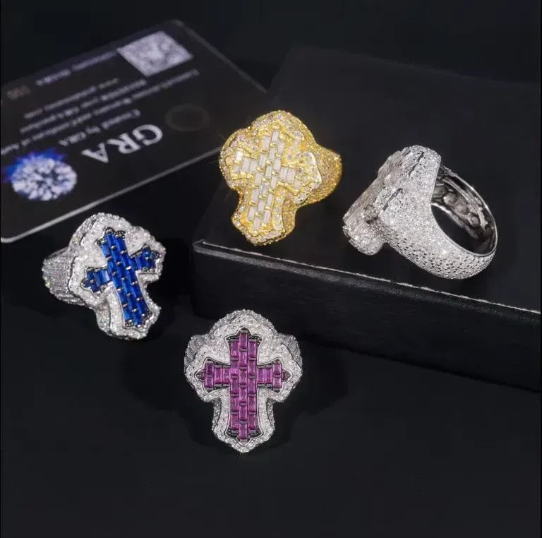 Iced Cross Baguette Ring | Moissanite + Ruby or Sapphire
